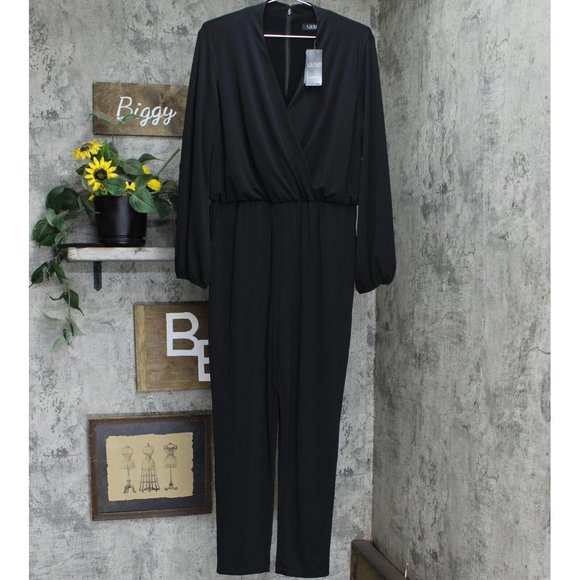 NWT Lauren Ralph Lauren Long Sleeve V-Neck Knit Jumpsuit 200011564 14 Black - Picture 1 of 4